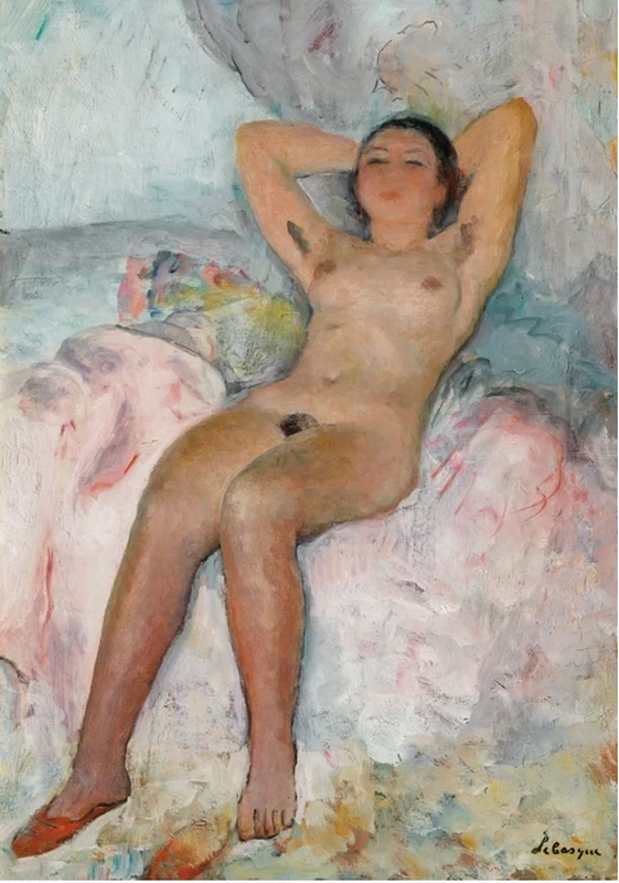 Nudo sdraiato con le braccia alzate